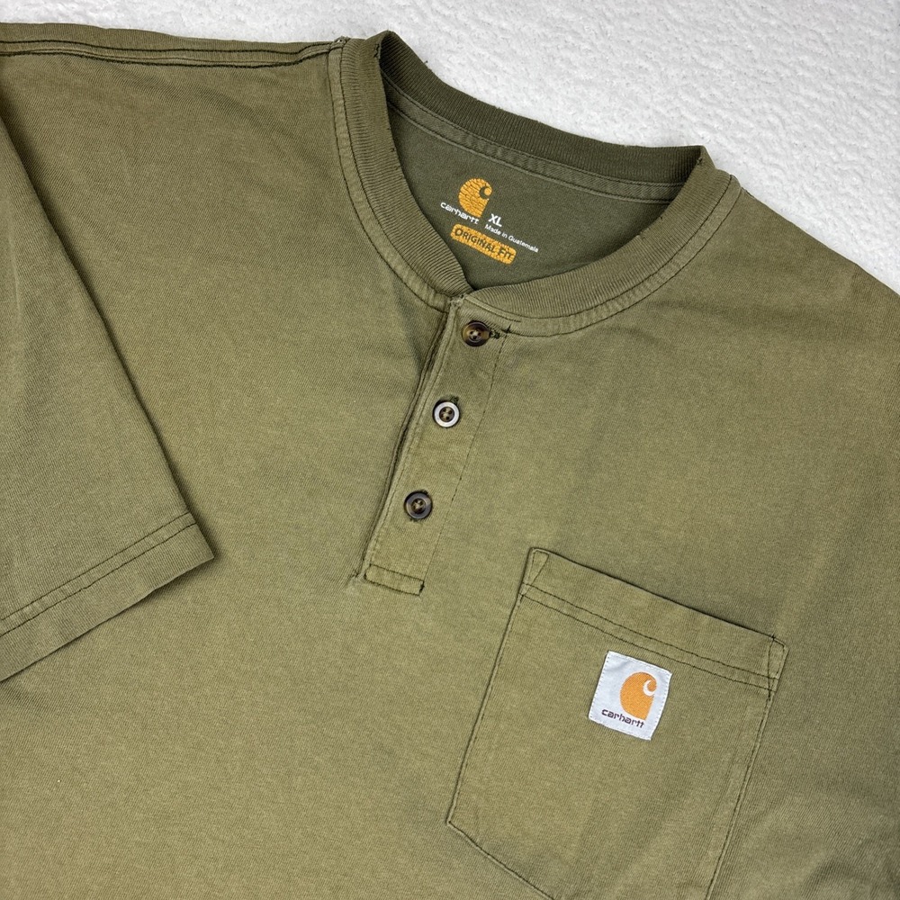 CARHARTT Short Sleeve Henley Shirt Mens XL Green Faded Worn Heavyweight Pocket